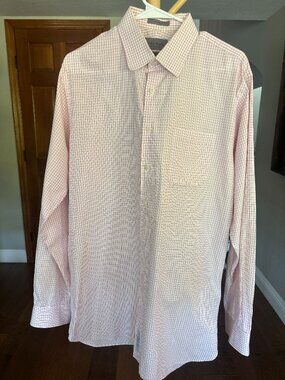 John W Nordstrom Signature Dress Shirt 16.5 37 Pink Check Tailored Fit Cotton